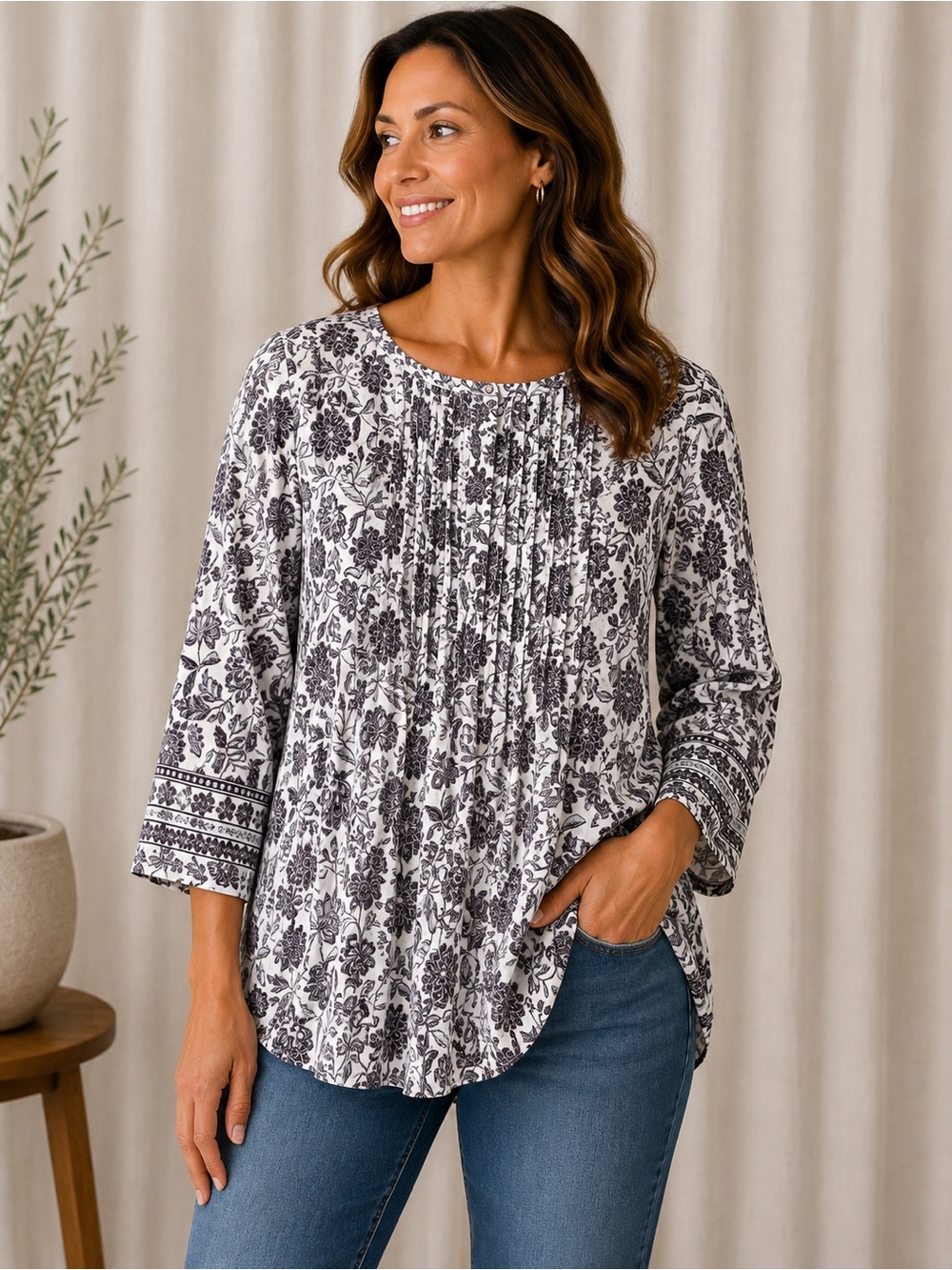 J.Jill Floral Pintuck Tunic Blouse 3/4 Sleeve Ivory blue Pink Lavender Size S